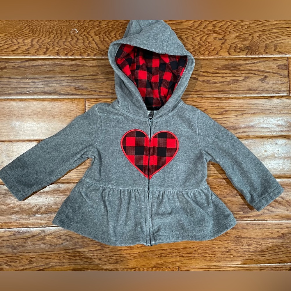 Carters 6-9 month Buffalo Plaid Hood and Heart Zip up Peplum  Sweatshirt
